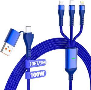 100W Multi Charging Cable, USB C to Multi Charger Cable Nylon Braided 3 in 1 Charging Cable with Lightning/Type C/Micro-USB, USB A to C PD Port Fast Charging Cord Adapter for Laptop Phone Tablet