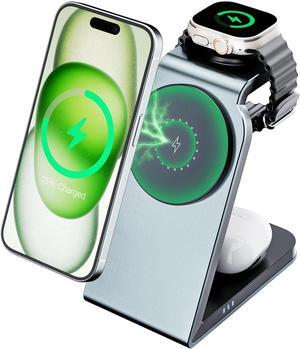 for MagSafe Charging Station 3 in 1, Magnetic Charger Stand Wireless, 15W Fast Travel Charging Dock for iPhone 16/15/14/13/12/ Apple Watch/AirPods