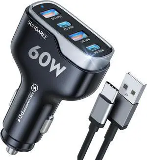 SUNDAREE 4 Ports USB C Fast Car Charger with Plug Outlet, Car Charger Adapter with 3.3FT Cable(USB-A to USB-C), Dual QC 18W & PD 30W Car Phone Charger for iPhone 16/15/14 Pro/Max/SamsungS24 & More