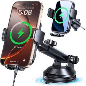 Wireless Car Charger Mount, Wireless Phone Charger for Car Auto Clamping Car Phone Holder Charger Wind + Vent + Dash Car Wireless Charger for Car for iPhone 16 15 14, Galaxy S24 S23 S22 etc