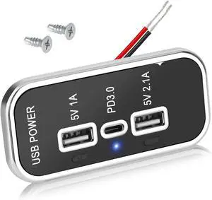 3 Ports 12V USB Outlet 3.1A Dual USB A Port & PD3.0 USB C Port Charger Socket Blue Light for Car Marine Truck