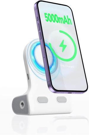 vimitty Magnetic Phone Stand with 5,000mAh Battery Charging Stand Desk Portable Charger and Portable Phone Holder with Shooting Grip Handle for iPhone Cellphones (White)