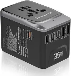 Universal Travel Adapter, PD 35W 7 in 1 International Power Plug Adapter with 7.0A 4 USB-C and 2 USB-A Fast Wall Charger, Worldwide AC Outlet for US Europe UK AUS (Black+Silver)