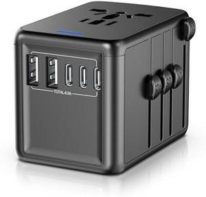 Universal Travel Adapter Offers 6.0A 3X 3.0A USB-C Ports, 2X 2.4A USB-A Ports and Multi AC Outlet, All-in-One International Power Plug Adaptor Worldwide Charger for EU US UK AU 200+ Countries