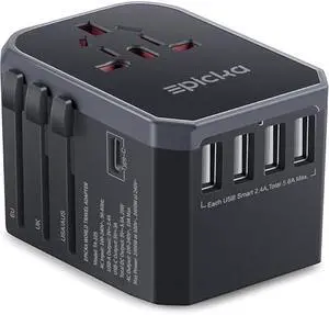 EPICKA Universal Travel Adapter, European Travel Plug Adapter - International Power Adapter Worldwide Charger with USB-C & 4 USB Ports, Travel Essentials for Italy, Japan, Europe, UK (TA-105, Grey)