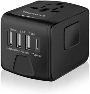 Universal International Travel Power Adapter W/High Speed 2.4A USB, 3.0A Type-C Wall Charger, European Adapter, Worldwide AC Outlet Plugs Adapters for Europe, UK, US, AU, Asia-Black