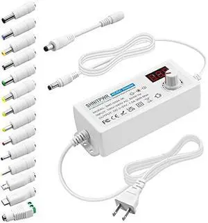 SHNITPWR 36W Universal Power Supply 100-240V AC to DC 3V ~ 24V 1.5A Converter 3V 5V 6V 9V 12V 15V 18V 20V 24V Multi-Voltage Adjustable Power Adapter with 14 Tips & 1 Polarity Converter, White