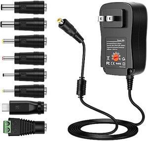 3V 5V 6V 9V 12V 2A AC DC Power Supply Adapter Universal 2000mA 30W Max 5ft Cord with 8 Selectable Tips Plug for LED Strip Light, CCTV Camera, Webcam, Router, Household Electronics, and More