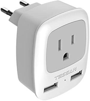 TESSAN European Travel Plug Adapter, Europe Power Adaptor with 2 USB Ports, International Type C Outlet Charger for US to Most of EU Iceland Spain Italy France Germany