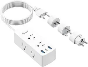 European Travel Plug Adapter, Olcorife Power Strip with EU UK US Plug Adapter, 6 Outlets 3 USB Ports with 5ft Extension Cord, International Power Adapter for US to Europe UK