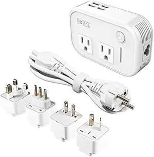 FOVAL Power Step Down 220V to 110V Travel Voltage Converter International Power Adapter for Hair Straightener/Curling Iron with 4-Port USB Charging US/UK/AU/IT/EU Universal Plug Adapter White
