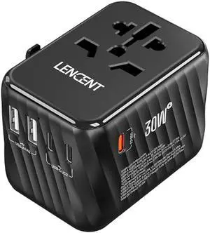 LENCENT Universal Travel Power Adapter, 30W International Wall Charger with 3 USB C 2 USB A Fast Charging, Worldwide Plug Adaptor Travel Essentials for US to EU UK Ireland Australia Type C/G/A/I Black