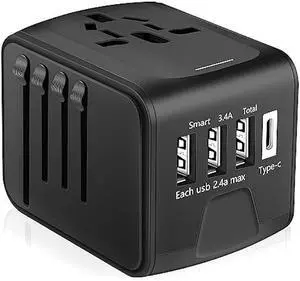 International Travel Adapter, All in One Power Adapter with High Speed 3 USB & Type C Travel Charger,European Adapter, Universal AC Outlet Plugs for EU UK AU US Asia 200+ Countries, Black