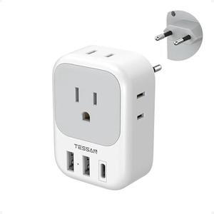 European Travel Plug Adapter USB C, TESSAN International Plug Adapter with 4 AC Outlets and 3 USB Ports, Type C Power Adaptor Charger for US to Most of Europe Iceland Spain Italy France Germany