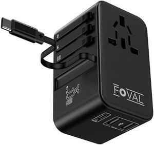 FOVAL European Travel Plug Adapter, Universal Travel Adapter with Retractable USB C Cable, All-in-one International Power Adapter for Europe Italy UK US AUS (35W)