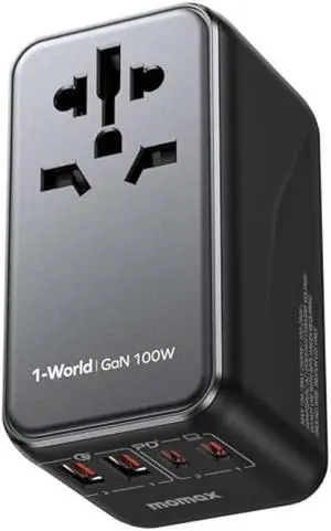 MOMAX Universal Travel Adapter, 100W Fast GaN International Power Adapter, 2PD USB-C+2QC USB-A Travel Adapter, US, UK, EU, AU Travel Adapter Worldwide for Laptops, Tablets, Phones, Vision Pro