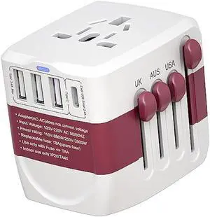 International Travel Adapter,WAUDM All in One Universal USB Travel Power Adapter with 3 USB Port and Type-C Port for US EU UK Australia Red