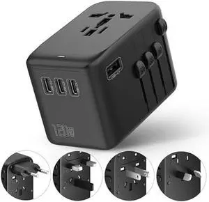 120W International Travel Adapter, 4USB-C & 1USB-A Worldwide Power Adapter, GaN Fast Charger with UK EU AU US Plugs, All-in-One International Converter for Tablets Phones