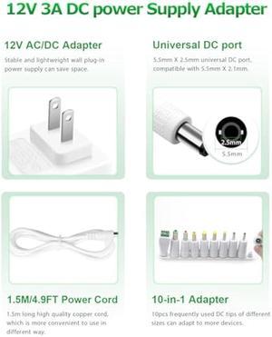 12V DC Power Supply 12V 3A Power Adapter 36W AC 100V-240V to DC 12Volt 3amp AC/DC Charger Power Cord 12V 2.5A 2A 1.5A 1A 800mA 500mA for Security Camera GPS Webcam Microphone Receiver w/ 10TIPS