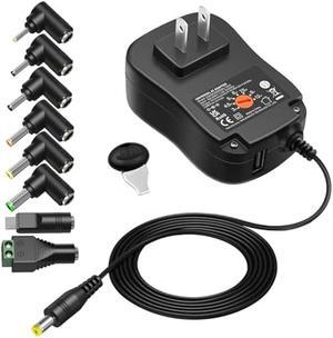 Powseed 36W 3V 4.5V 5V 6V 7.5V 9V 12V 3A DC Power Supply Cord with USB Wall Charger 5V 2A 10W for Phone Security Camera Router Speaker Webcam HUB LED, Universal AC Adapter with 8 Tips Micro USB