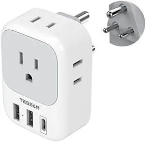TESSAN US to India Plug Adapter, India Power Adapter with 4 American Outlets 3 USB Charger (1 USB C Port), Type D Travel Adaptor for USA to Bangladesh Maldives Nepal Pakistan