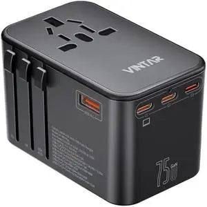 Universal Travel Adapter, VINTAR 75W GaN International Power Adapter with 3 USB C PD and 2 USB A QC, All in One Travel Essentials for UK/EU/USA/AUS, Travel Adapter Worldwide for Laptops Tablets Phones