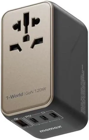 MOMAX Universal Travel Adapter, 120W GaN Fast International Power Adapter, 3 USB C & 1 USB A, Worldwide Travel Plug Adapter, All-in-One Worldwide Wall Charger for USA European UK AUS (Type C/G/A/I)