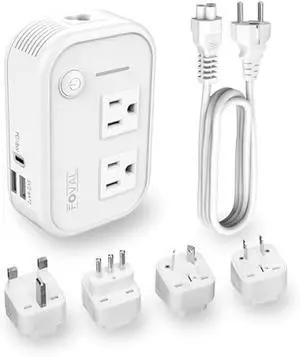 Step Down Power Converter - FOVAL 230W Travel Voltage Converter 220V to 110V International Power Adapter with [Upgraded 18W PD USB-C] 3 USB Ports 2 AC Outlets US to Europe Italy UK AU Plug (White)