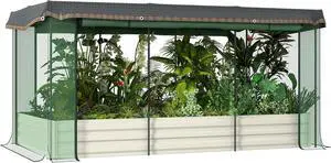 Outsunny 7.3 x 3.4 x 1 ft Galvanized Raised Garden Bed with Crop Cage Plant Protection Net and Shade Cloth Roof, Metal Planter Box with Cover for Vegetables, Flowers, Herbs, Beige
