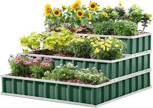 KING BIRD 3 Tiers Raised Garden Bed Dismountable Frame Galvanized Steel Metal Patio Garden Elevated Planter Box 46" x 46" x 23.6" for Growing Vegetables Flowers (Green)
