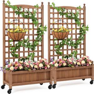 Yaheetech 2pcs 50" H Raised Garden Bed with Trellis & Wheels Standing Vertical Horticulture Planter Box for Vine Climbing Plants, Flowers, Herbs Brown