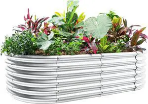 Land Guard 4×2×1.5ft Galvanized Raised Garden Bed Kit, Galvanized Planter Garden Boxes Outdoor, Oval Large Metal Raised Garden Bed for Vegetables (Classic Silver