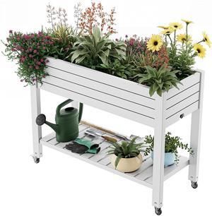 3.6×1.5×2.8FT Elevated Raised Garden Bed with Legs,Outdoor Large Resin Patio Planter Box Stand with Drain Plug,Water Monitor for Plants Vegetables Flowers Fruits(White-Gray)