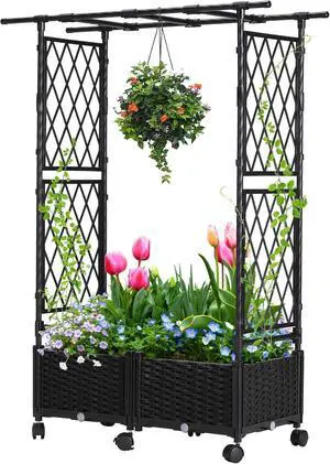 lalahoni Raised Garden Bed with Trellis, Planter Box with Wheels,Drainage Holes for Climbing Plants,32x15.7x56 in Hanging Roof for Outdoor Yard, Garden, Balcony, Black