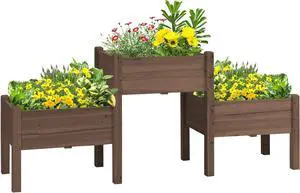 Outsunny Raised Garden Bed with 3 Planter Box, Elevated Wooden Plant Stand with Drainage Holes, for Vegetables, Herb and Flowers, Coffee