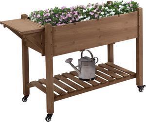 Outsunny Raised Garden Bed with 8 Grow Grids, Wooden Outdoor Plant Box Stand with Folding Side Table and Wheels, 49" x 21" x 34", for Vegetables, Flowers, Herbs, Brown