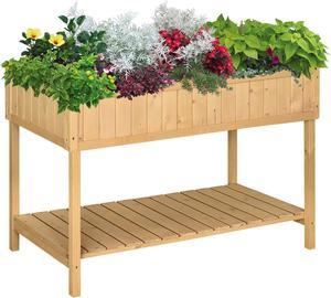 Outsunny 43x18x30in Raised Garden Bed with 8 Pockets and Shelf, Wooden Elevated Planter Box with Legs to Grow Herbs, Vegetables, and Flowers, Natural