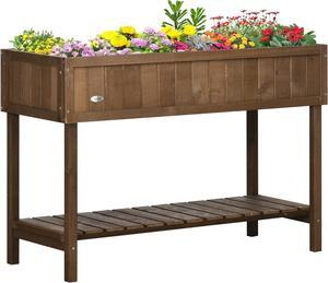 Outsunny 43x18x30in Raised Garden Bed with 8 Pockets and Shelf, Wooden Elevated Planter Box with Legs to Grow Herbs, Vegetables, and Flowers, Dark Brown