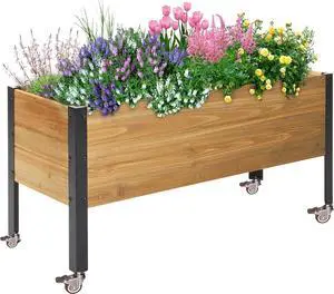 Wood Rectangular Garden Planter Box with Wheel Raised Garden Bed Outdoor,Planters for Outdoor Plants 37 * 13 * 15 Elevated Planter Box for Herbs Vegetables Flowers Outdoor Patio Deck Balcony