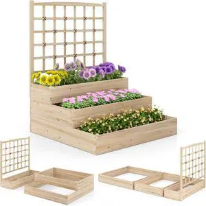 HAPPYGRILL 3-Tier Raised Garden Bed, Wooden Planter with Trellis & Open-Ended Base for Patio Yard Lawn, Outdoor Planter Boxes for Climbing Plants Vines Flower Herb Vegetable Fruit, 44 x 45 x 56