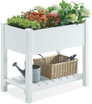 Planter Box Raised Garden Bed Outdoor with Legs, Better Than Cedar Polystyrene Elevated Garden Bed with Storage Shelf for Herbs and Vegetables, Balcony and Porch, 350lbs Load(White)
