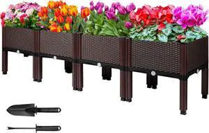 MAYOLIAH Raised Garden Bed with Drainage Elevated Planter Box Plastic Raised Beds for Gardening Vegetables Herb Flowers, Perfect for Indoor Outdoor Planting, 4 Boxes Brown