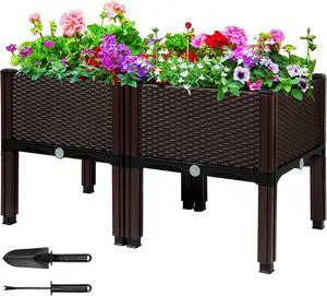 MAYOLIAH Raised Garden Bed with Drainage Elevated Planter Box Plastic Raised Beds for Gardening Vegetables Herb Flowers, Perfect for Indoor Outdoor Planting, 2 Boxes Brown