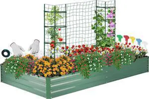 ONCEMORE Galvanized Raised Garden Bed for Vegetables Flowers Herbs, Metal Raised Garden Bed Kit with 2 PCS Tomato Cage, Gloves, Trellis Netting, Plant Labels, Plant Ties, Green 6×3×1FT