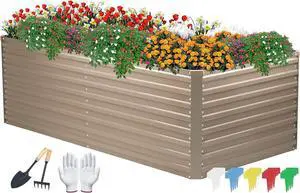 DTIG Galvanized Raised Garden Bed for Vegetables Flowers Herbs, Tall Metal Raised Garden Bed Kit with Garden Tools, Gloves, Plant Labels, Brown 6×3×2FT