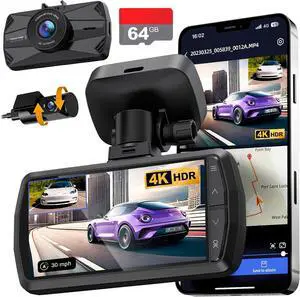 Dash Cam Front and Rear, Real 4K+1080P Dual Dash Cam, Built-in WiFi GPS, 3.3"IPS Screen, HDR Night Vision, G-Sensor Accident Record, 24H Parking Monitor Dash Camera for Cars, Support 512GB Max