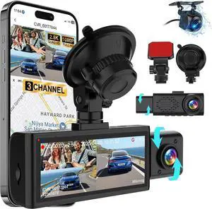 Dash Cam Front Rear and Inside, 3 Channel Dual Dash Camera for Cars WiFi 2.5K Dashcams for Car W/ 64GB Card,1440P Dashcam Front+1080P Inside Car Camera+1080P Rear Car Dash Cam,G-Sensor,IR Night Vision