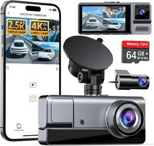 Icesky 2.5K+2.5K+2.5K Three Channel Dash Cam Front and Rear Inside with WiFi 6, 4K+2.5K Dual Dash Camera for Cars Front Rear/Front Inside, Car Dashcams with 64GB Card, 24H Parking Mode, App Control