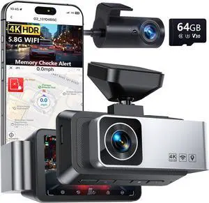 Dash Cam Front and Rear, 4K Full HD 2 channel Dash Camera for Cars, Built-in Memory Card Monitoring, 64GB Card, 5G WiFi GPS, Car Camera with 3" IPS Screen, 2160P Night Vision, Parking Monitor