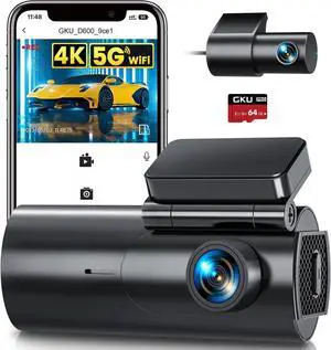 GKU Dash Cam Front and Rear Camera  4K+1080P Dual Dash Camera for Cars with 64GB SD Card, 5GHz WiFi & App Control, Night Vision, Parking Mode, G-Sensor, Loop Recording, WDR, 170° Wide Angle